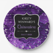 紫と虹色のグリッター文字キンセアニェラ ペーパープレート (正面)