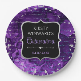 紫と虹色のグリッター文字キンセアニェラ ペーパープレート