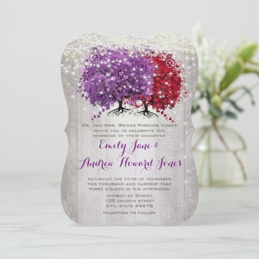 紫と赤いハートの葉の森の木結婚の 招待状 (スタンド正面)