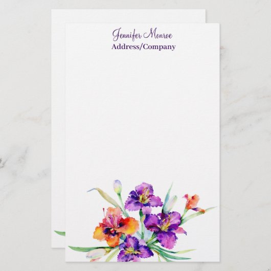 紫と赤のアイリスパーソナライズされた 便箋 (正面/裏面)