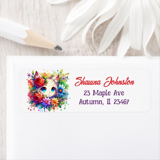 紫と赤のアニメ猫と花 ラベル (インサイチュ)