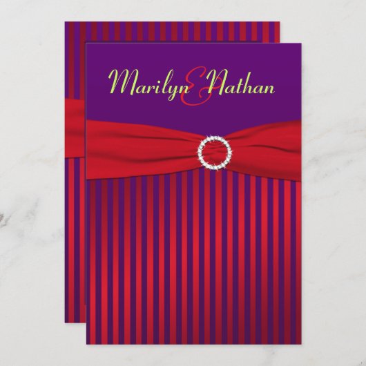 紫と赤のストライプと緑の結婚式の招待 招待状 (正面/裏面)