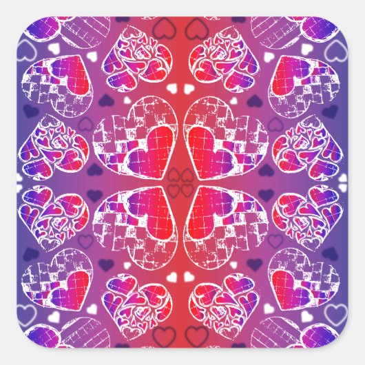 紫と赤のロマンお洒落ティックハートパターン スクエアシール (正面)