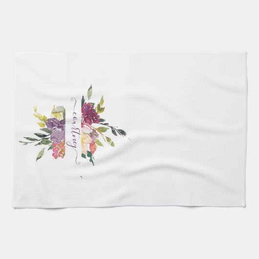 紫と赤の水色のフローラ パーソナライズされた キッチンタオル (横)