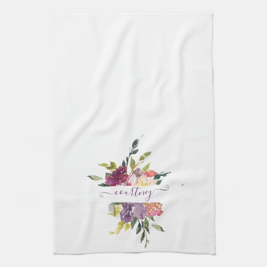 紫と赤の水色のフローラ パーソナライズされた キッチンタオル (縦)