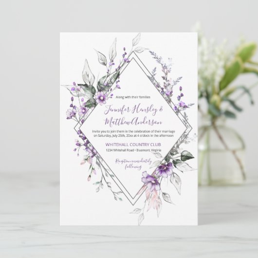 紫と赤面のダイヤモンド結婚フレーム | 招待状 (スタンド正面)