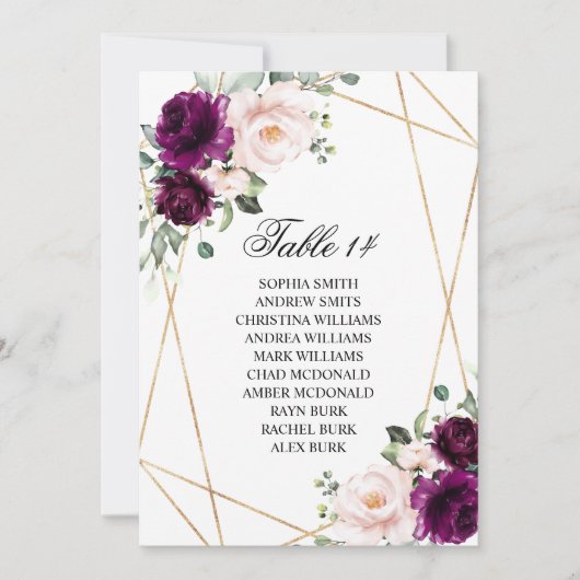 紫と赤面のバラ結婚のシーティングチャートカード 招待状 (正面)