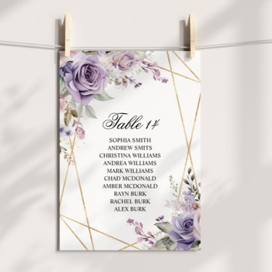 紫と赤面のバラ結婚のシーティングチャートカード 招待状