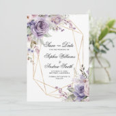 紫と赤面のバラ花の日付を保存 招待状 (スタンド正面)