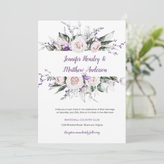 紫と赤面の水カラーフローラフレーム結婚ズ | 招待状 (スタンド正面)