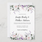 紫と赤面の水彩フローラ結婚滴 | 招待状 (正面)