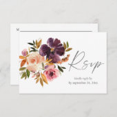 紫と赤面ピンクのフローラと食事RSVPカード 出欠カード (正面/裏面)