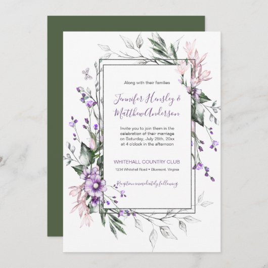紫と赤面ピンクの水の色のフローラ 招待状 (正面/裏面)