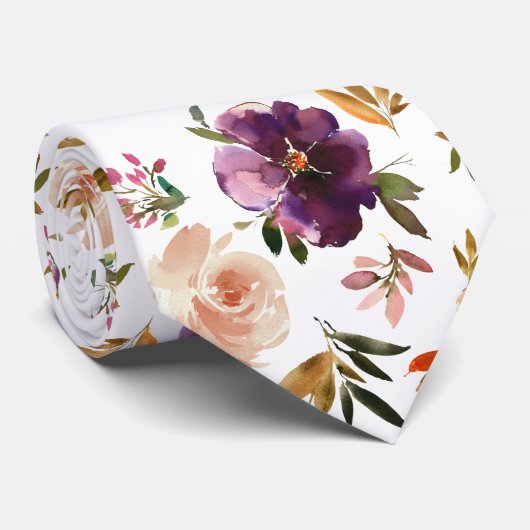 紫と赤面ピンクウォーターカラーフローラバラネック ネクタイ (ロール)