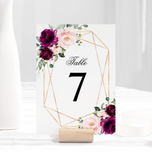 紫と赤面ピンクローズ結婚のテーブル番号 招待状