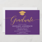 紫と金のエレガントな卒業パーティー 卒業生 招待状 (正面)