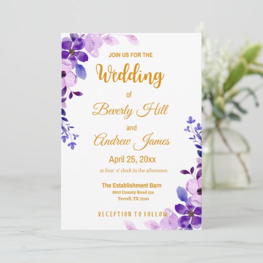 紫と金のカスタマイズ可能な春のウェディング 招待状 (スタンド正面)