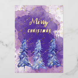 紫と金のクリスマスツリーの水彩画デザイン 箔シーズンカード