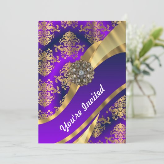 紫と金のダマスク 招待状 (スタンド正面)