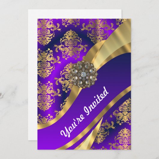 紫と金のダマスク 招待状 (正面/裏面)