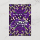 紫と金のデコレーション誕生日パーティー招待状カード 名刺 (正面)