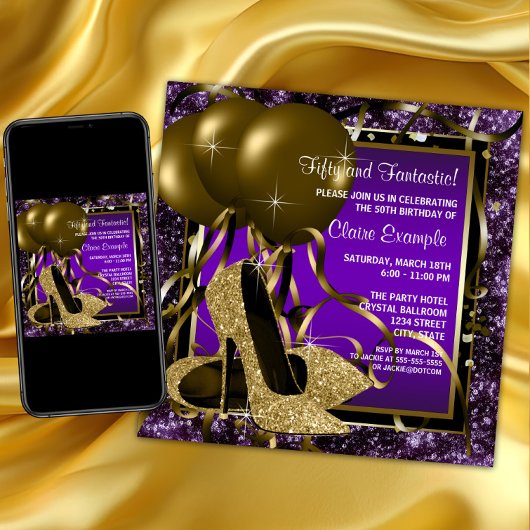 紫と金のハイヒール 女性の誕生日パーティー 招待状
