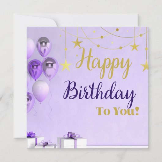 紫と金のハッピーバースデーカードデザイン 招待状 (正面)