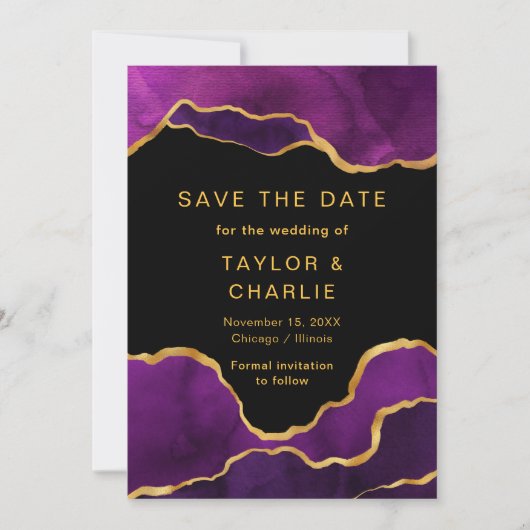 紫と金のペイントされた瑪瑙のSave the Date セーブザデート (正面)