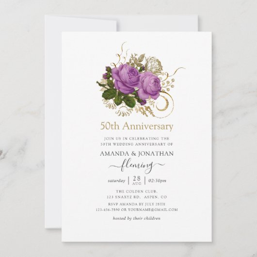 紫と金のヴィンテージスタイル 50周年結婚記念日 招待状 (正面)