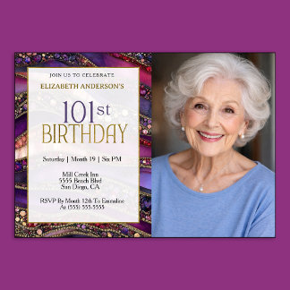 紫と金の宝石のストラタ 101歳の誕生日写真 招待状