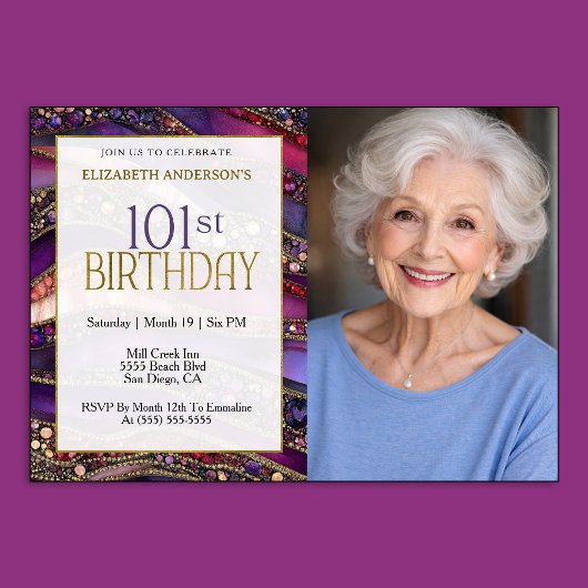 紫と金の宝石のストラタ 101歳の誕生日写真 招待状