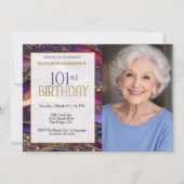 紫と金の宝石のストラタ 101歳の誕生日写真 招待状 (正面)