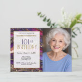 紫と金の宝石のストラタ 101歳の誕生日写真 招待状 (スタンド正面)