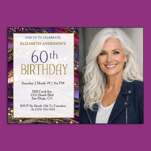 紫と金の宝石のストラタ 60歳の誕生日フォト 招待状