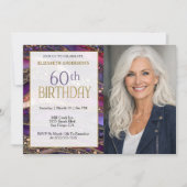 紫と金の宝石のストラタ 60歳の誕生日フォト 招待状 (正面)