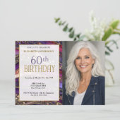 紫と金の宝石のストラタ 60歳の誕生日フォト 招待状 (スタンド正面)