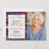 紫と金の宝石の地層 100歳の誕生日写真 招待状 (正面)