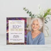 紫と金の宝石の地層 100歳の誕生日写真 招待状 (スタンド正面)