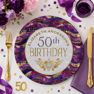 紫と金の宝石の層 50歳の誕生日 ペーパープレート