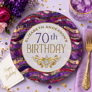 紫と金の宝石の層 70歳の誕生日 ペーパープレート