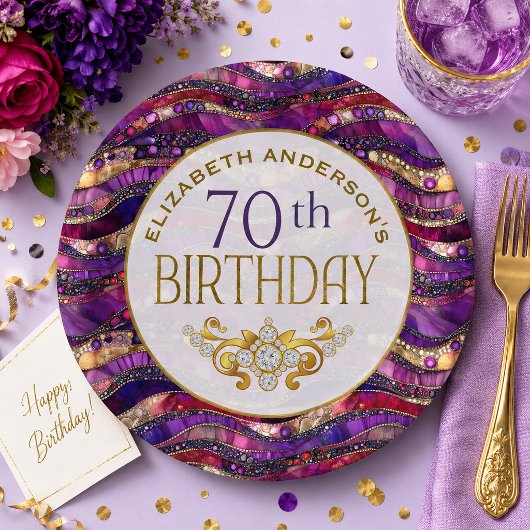 紫と金の宝石の層 70歳の誕生日 ペーパープレート