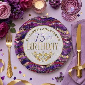 紫と金の宝石の層 75歳の誕生日 ペーパープレート