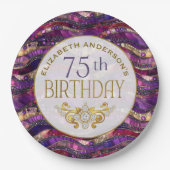 紫と金の宝石の層 75歳の誕生日 ペーパープレート (正面)