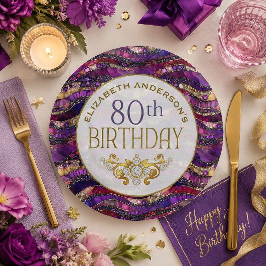 紫と金の宝石の層 80歳の誕生日 ペーパープレート