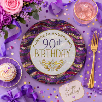 紫と金の宝石の層 90歳の誕生日 ペーパープレート
