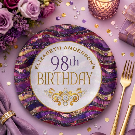 紫と金の宝石の層 98歳の誕生日 ペーパープレート