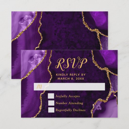 紫と金の瑪瑙マーブルRSVP 出欠カード (正面/裏面)