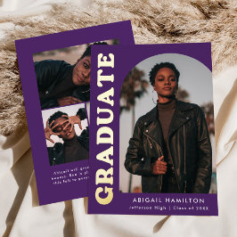 紫と金の箔のアーチの卒業発表 箔招待状