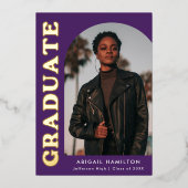 紫と金の箔のアーチの卒業発表 箔招待状 (正面)