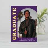 紫と金の箔のアーチの卒業発表 箔招待状 (立ち正面)